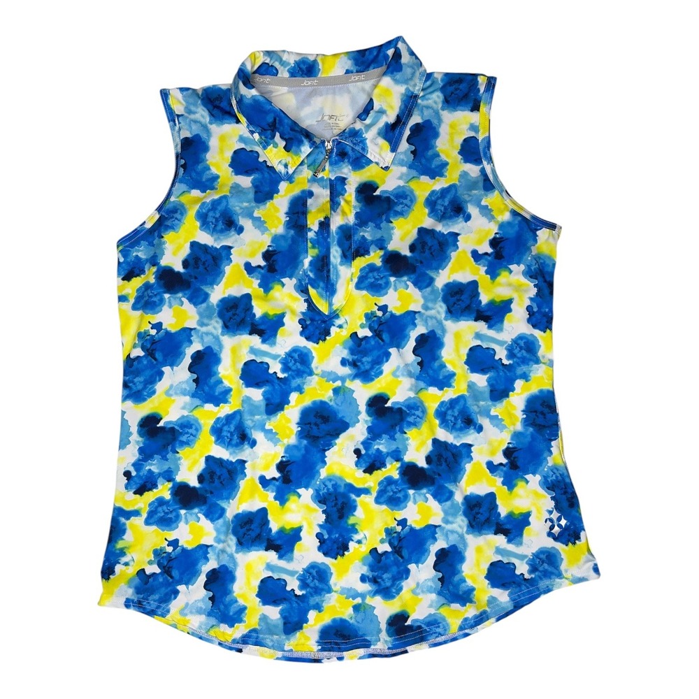 Jofit‎ Sleeveless Golf Polo Shirt Blue Yellow Abstract Floral Quarter Zip L